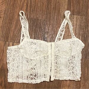 Tic Toc Womens Sheer White Lace Crop Tank Top S 32” Coquette  Hook & Eye Front